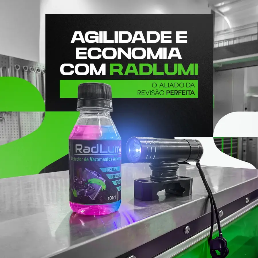 RadLumi Leak Finder e lanterna UV na bancada da oficina