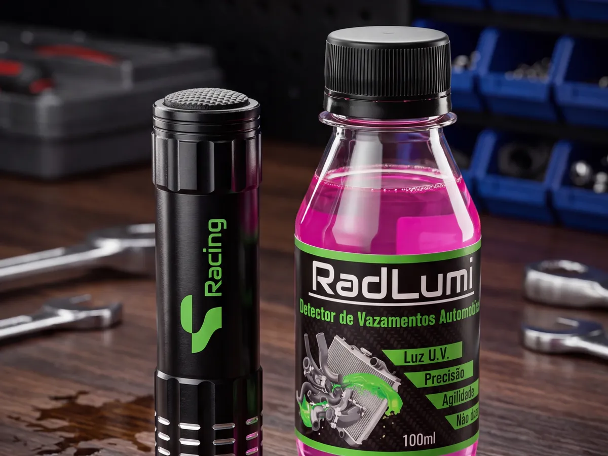 Kit RadLumi Leak Finder e lanterna UV na bancada de madeira